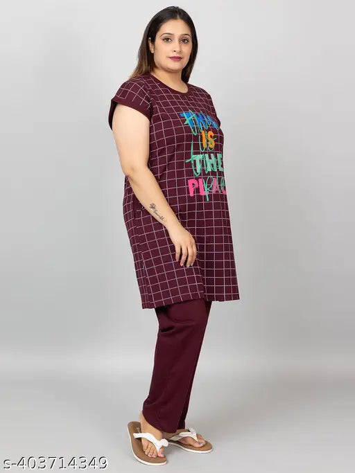 Cotton plus size long t-shirt pyjama set for women, printed with vibrant Indian designs on pure cotton fabric