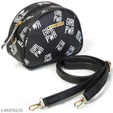 Black slingbag with white text and gold zipper