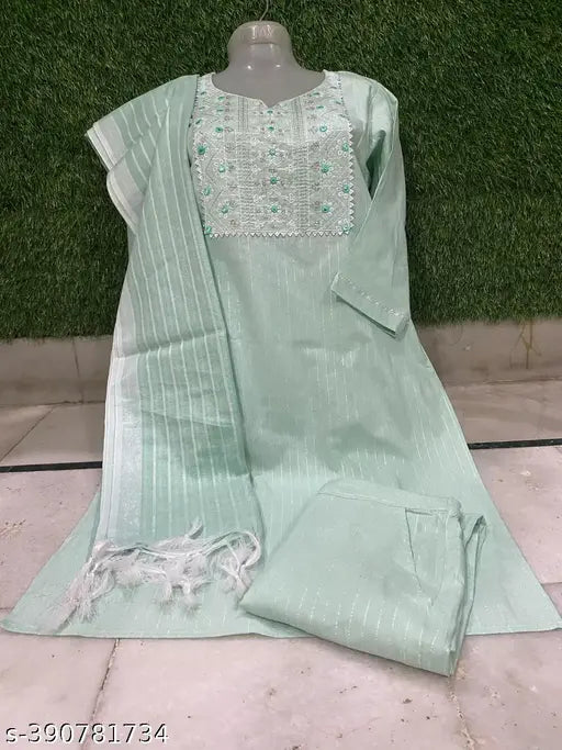 Embroidered green cotton kurta and dupatta set
