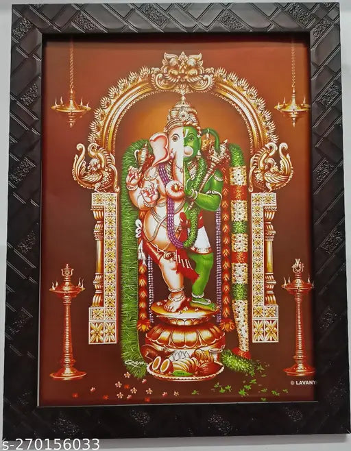 Synthetic resin, 9x12 inch Indian indoor art photo frame featuring half Ganesha half Anjaneya Maruti Hanuman, Half Hanuman Ganesh statue design