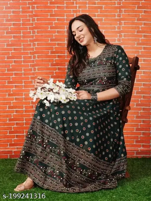 Dark green printed cotton rayon Anarkali Kurta by Gomti Creations for casual everyday looks and events, suitable for office or parties