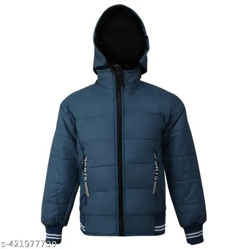 Blue waterproof bomber jacket, hooded with drawstrings, zip closure