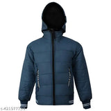 Blue waterproof bomber jacket, hooded with drawstrings, zip closure