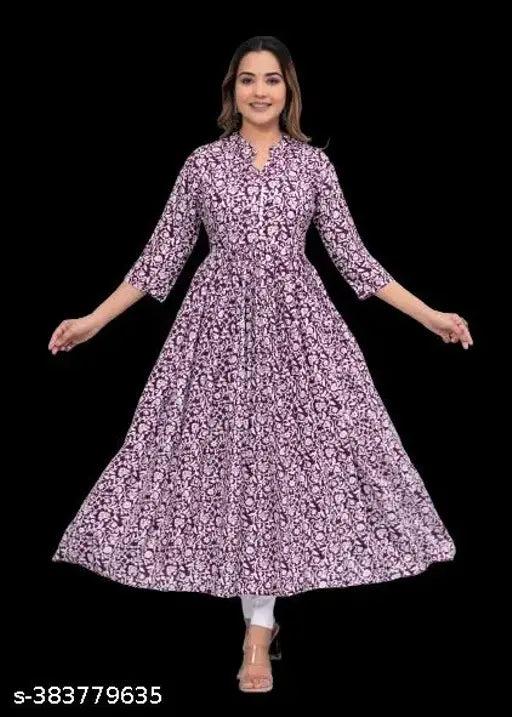 Rayon Anarkali Jaipur Kurti set with palazzos, vibrant printed design, three-quarter sleeves, available in sizes S to XXXL