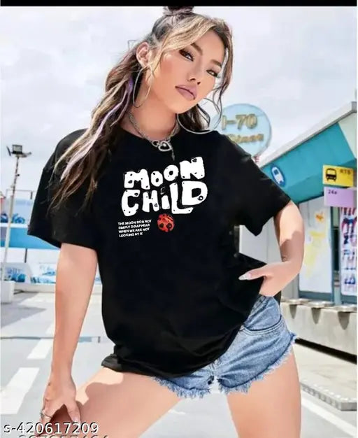 Black oversized t-shirt with Moon Child print, cotton fabric