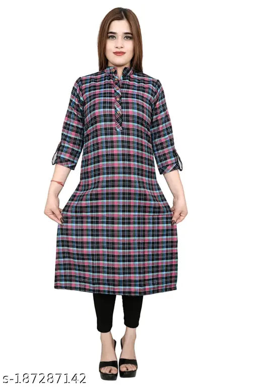 Black and pink checkered garam kurta for women and girls, full sleeves, straight hem, unstitched fabric