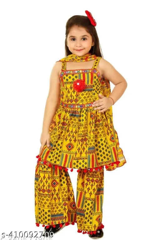 Cotton and chiffon printed two-piece set (kurta, palazzo, and dupatta) - Indian girls fashion