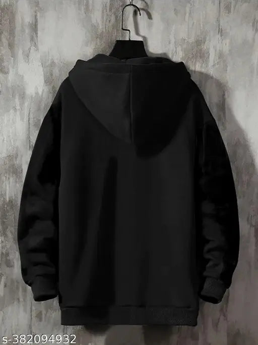 Black cotton blend slim fit t-shirt for men, featuring a hood and full sleeves with printed focus design