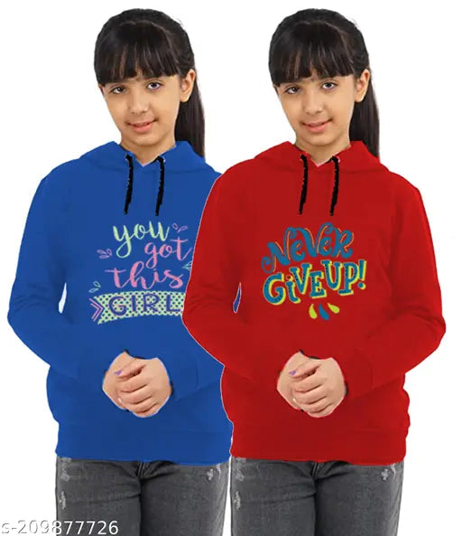 Cotton blend girls' sweatshirt/hoodie pack of 2 in various colors, long sleeves with cap and pockets for casual and winter wear
