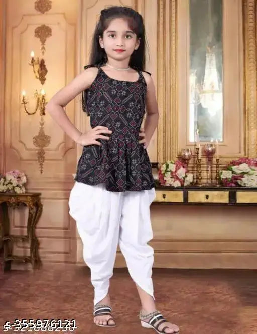 Black top & white dhoti for girl, crepe fabric, Indian anarkali dress with long sleeves, 7-8 years size