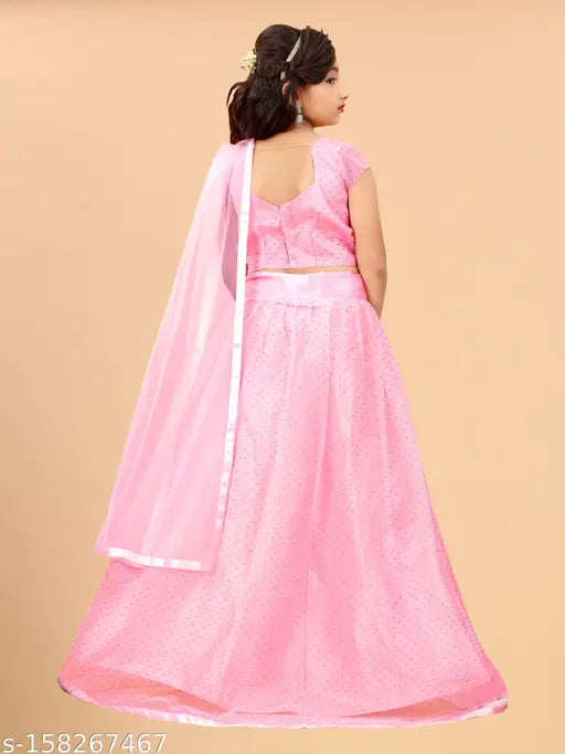 Embellished net lehenga-choli for kids (7-15 years), Indian traditional costume with short sleeves and solid micro dupatta