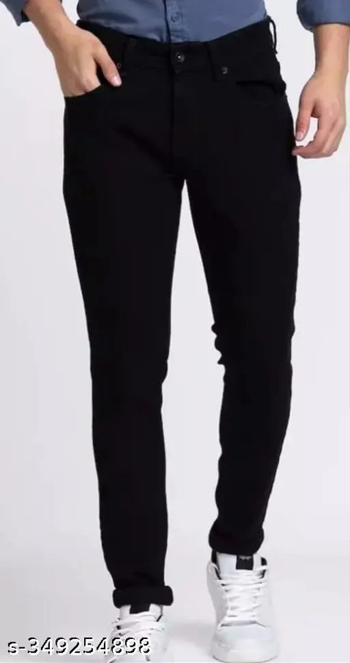 Plain black cotton blend jeans for men by Flaying Men, EJ32IEG size 32