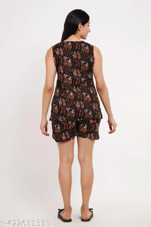 Rayon printed net short night suit for women, sleeveless and stylish