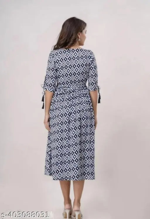 Blue rayon anarkali with three-quarter sleeves and printed combo, trendy women's fashion from India