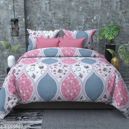 Pink floral printed 280 TC Glace cotton Belvostum double bedsheet with pillow covers, Indian-made home decor