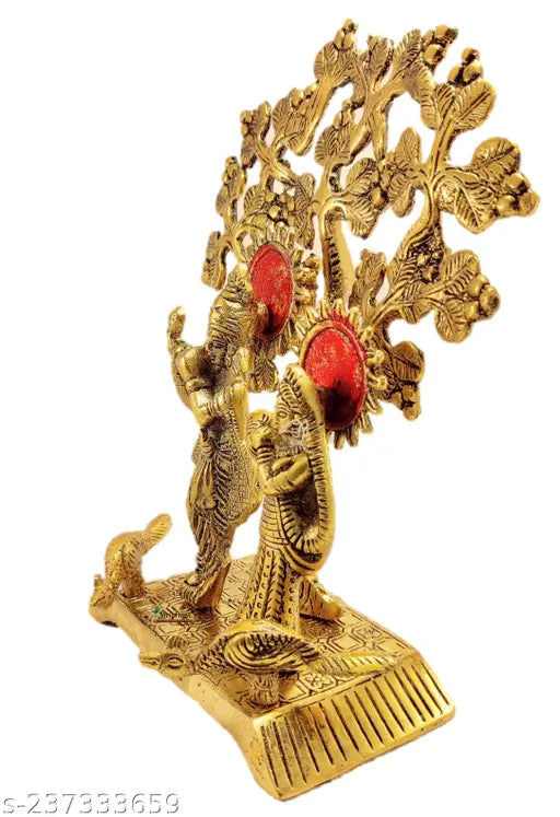 Metal Radha Krishna idol under large tree, Indian-made decorative sculpture, 22cm tall and 14x17cm wide base