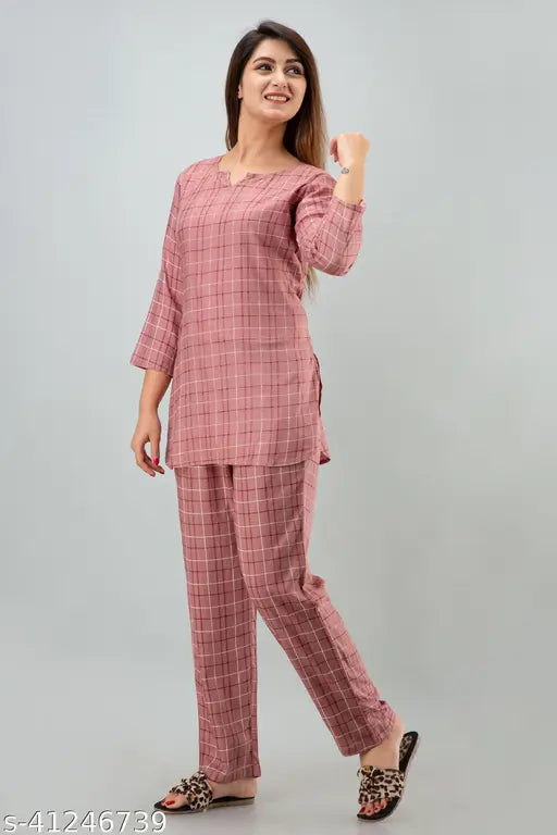 Pink cotton printed night suit with three-quarter sleeves, cotton pyjamas for women on a hangar, Misskurti India origin