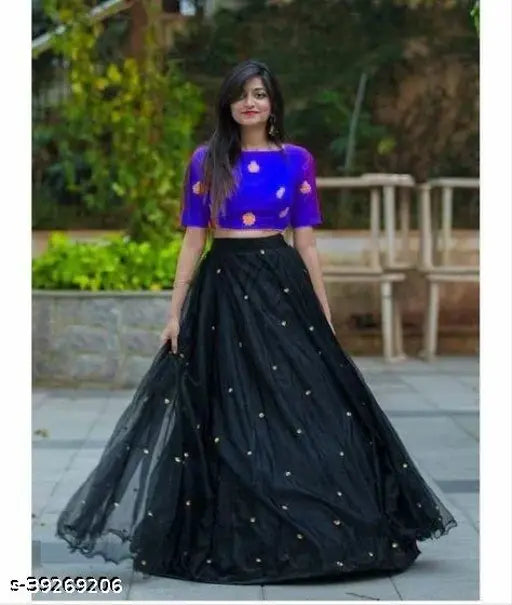 Black silk and net embroidered lehenga choli for women, semi-stitched with a waist size of 34 inches and length of 44 inches