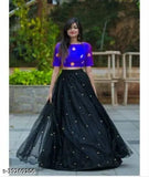 Black silk and net embroidered lehenga choli for women, semi-stitched with a waist size of 34 inches and length of 44 inches