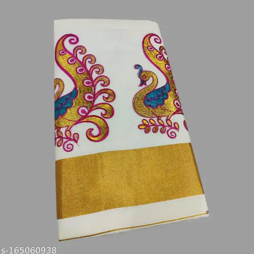Keralan traditional hand-embroidered cotton saree with intricate gold and blue patterns, 9 yards long