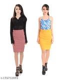 Salmon and mustard polyester pencil skirt set, size options include 26, 28, 30, 32, 34, 36. Indian-origin women's clothing on model