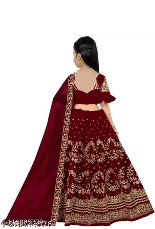 Embroidered velvet lehnga choli set with net dupatta, Indian traditional wear for girls aged 3-15 years