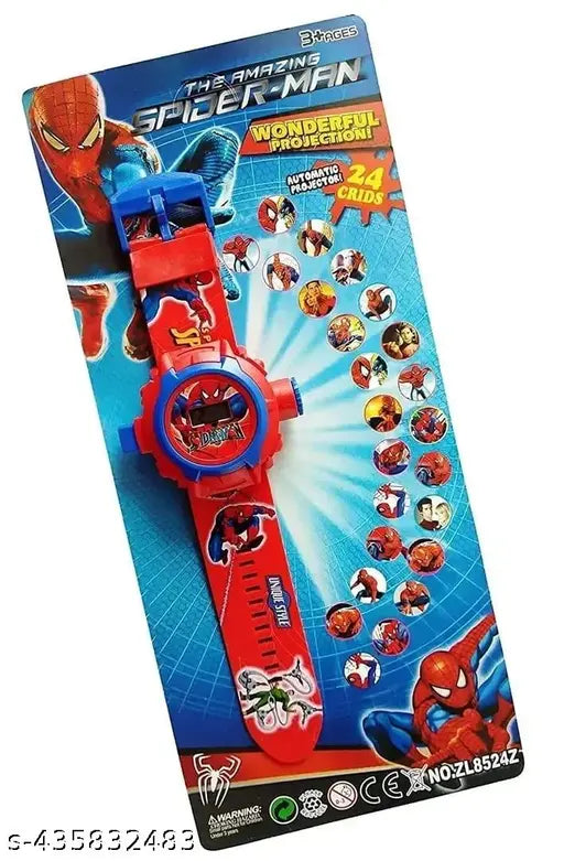 Spiderman digital watch with a vibrant red case and band, featuring multiple characters