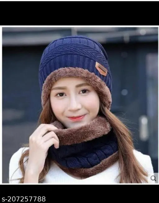 Blue knit beanie cap with fur trim, woman wearing scarf