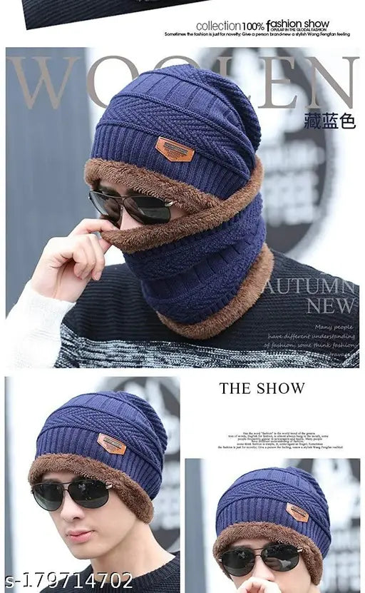 Multicolor woolen windproof winter cap and balaclava set (black, navy, grey) - soft, fur-patterned combo in onesize