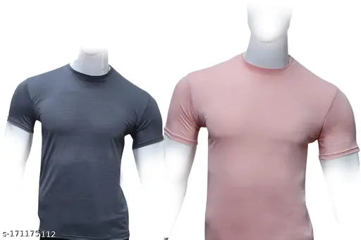 Grey and orange Elastane T-shirts, solid design in two sizes M & L for men or women, on clothing rack, made in India