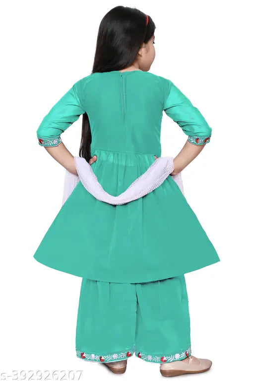 Embroidered chiffon sharara sets in mirror work for girls, Indian A-line outfits with three-quarter sleeves