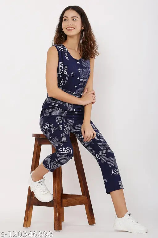 Navy Blue Crepe Sleeveless Printed Jumpsuit by Jacinta Paper - Trendy and Comfortable Women's Fashion from India