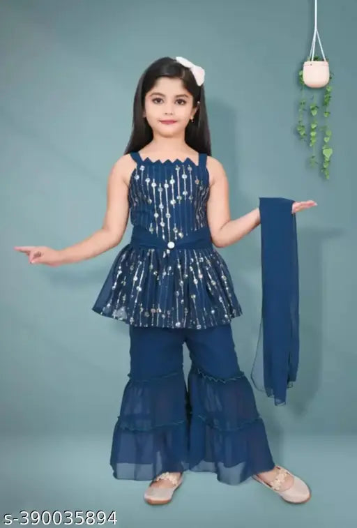 Georgette top bottom set for girls, sleeveless and colorful for playtime in various sizes from 9-10 years
