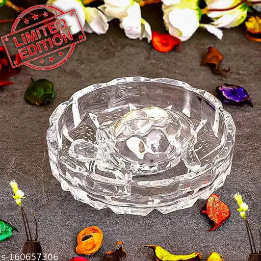 Crystal turtle plate, intricate glass design, Vastu Feng Shui showpiece for home decor