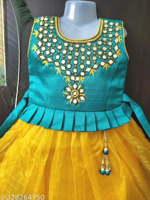 Kids designer embroidered mirror work organza silk long gown with zari border, sleeveless and 3 layered. Beautiful ethnic wear for special occasions, gift-worthy. Indian craftsmanship on display