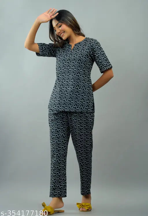 RAAKA cotton printed V-neck night suit for women & girls - Loose, comfortable loungewear, stylish design, Indian origin