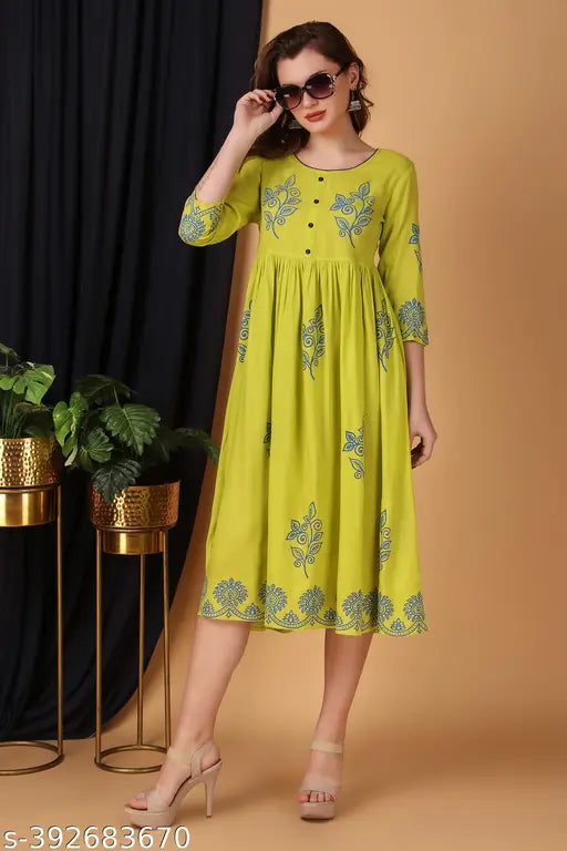 Rayon printed Anarkali gown with three-quarter sleeves, vibrant floral design, ideal for women's casual or party wear