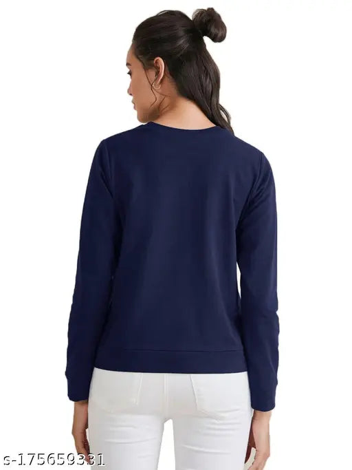 Blue fleece pullover sweatshirt, printed design with bear pattern, long sleeves, women's winter wear by eddlees