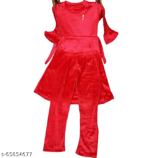 Acrylic A-line solid pink winter kurta with palazzo pants, long sleeves, warm winter woolen fabric