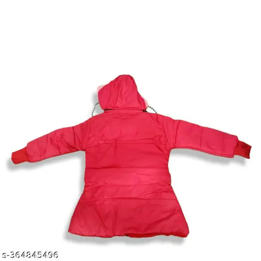 Red nylon blend girls' winter jacket, full sleeve
