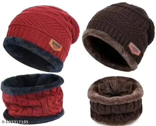 wool cap Cold protection Snow Proof Inside Fur Unisex Wool Warm Knit Hat Thick Fleece Lined Winter Hat/cap for Women & Men combo pack