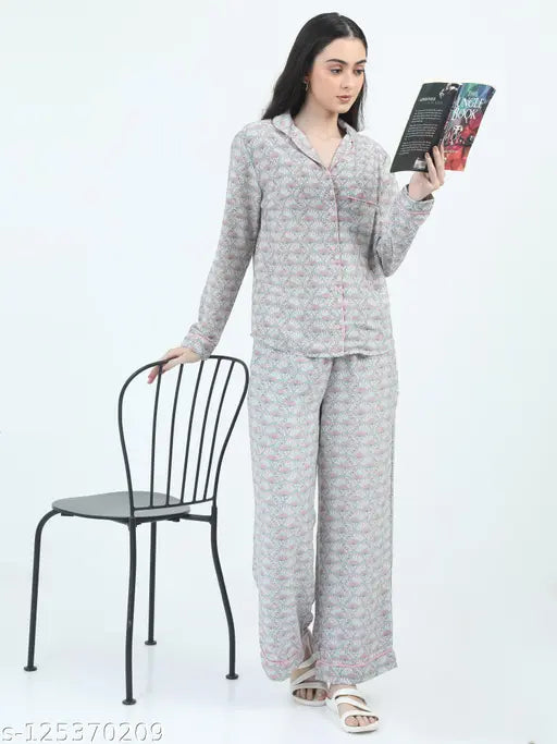 Grey womens loose fit full sleeve button down top with elastic closure nightsuit pajama set, polyester, printed check pattern