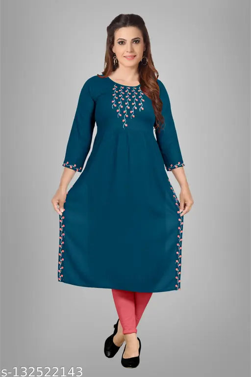 Denim blue straight kurta by HAYA FASHION, round neck, calf length, regular sleeve, premium quality fabric