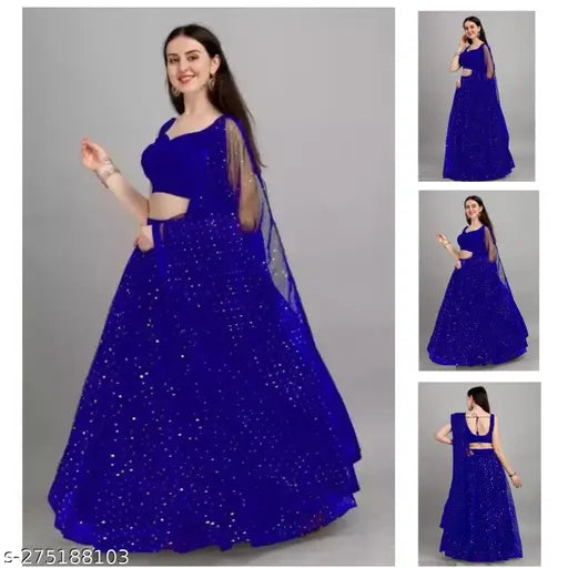Blue satin lehenga semi-stitched with embellished net dupatta, free size for Indian traditional wear