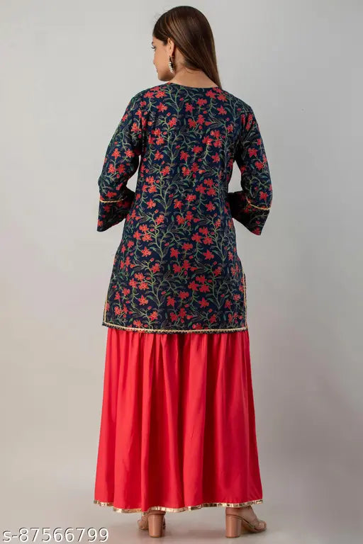 Rayon print straight kurti, long sleeves, sharara skirt