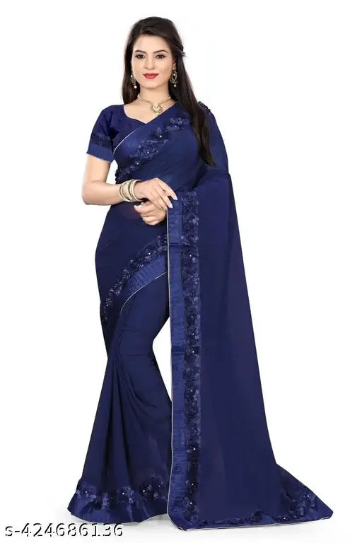Dark blue georgette saree with lace and floral design, long pallu
