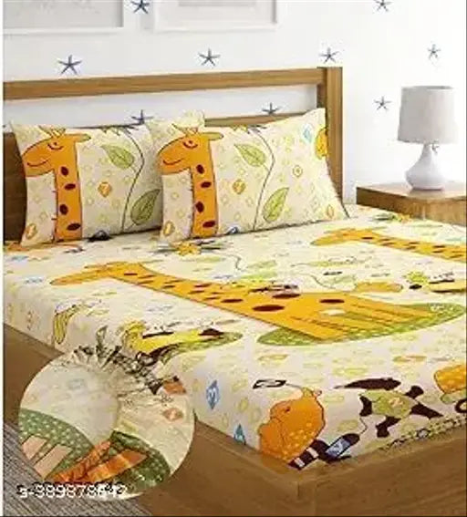 Yellow 250 TC cotton, botanical-print elastic fitted double bedsheet set (72x78 inches), includes 2 pillow covers - perfect for kids' summer rooms, made in India