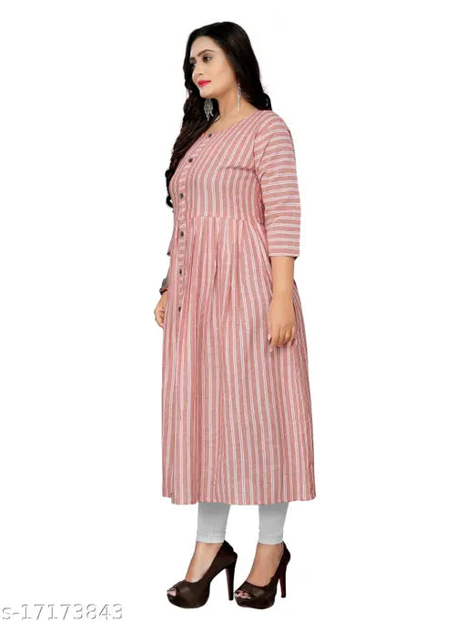 Striped three-quarter sleeve cotton kurti for women, Indian party wear on mannequin