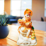Marble Krishna Murti playing flute, 5cm x 9cm x 5.5cm, handcrafted Indian artisan, Hindu deity symbolizing love and happiness