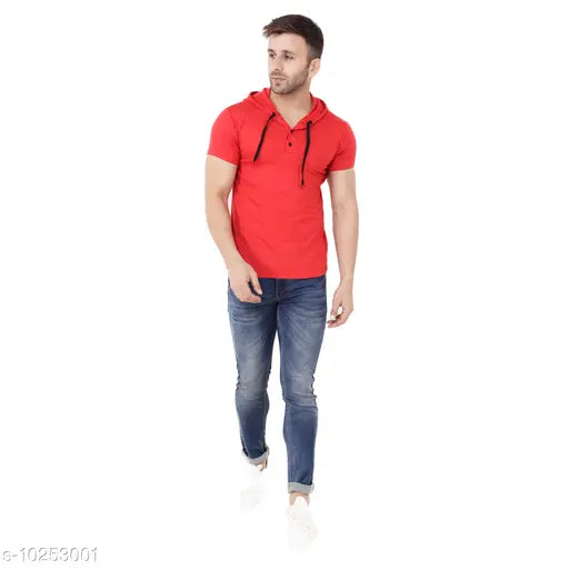 Red cotton blend long sleeve round t-shirt on hanger, solid design